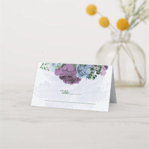 Purple dusty blue flowers green leaves wedding place card