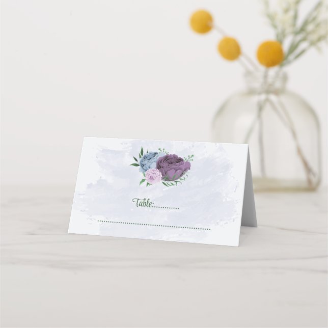 Purple dusty blue flowers green leaves wedding place card (Front)