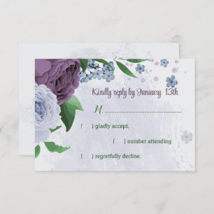 Purple dusty blue flowers green leaves wedding RSVP card