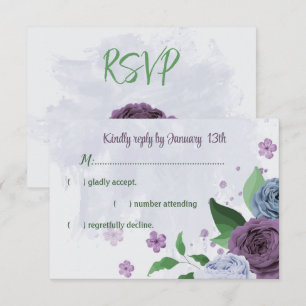 Purple dusty blue flowers green leaves wedding RSVP card