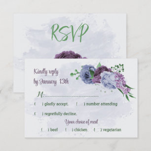 Purple dusty blue flowers green leaves wedding RSVP card