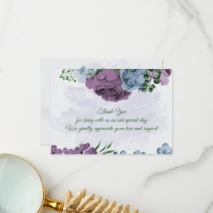 Purple dusty blue flowers green leaves wedding thank you card