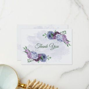 Purple dusty blue flowers green leaves wedding thank you card