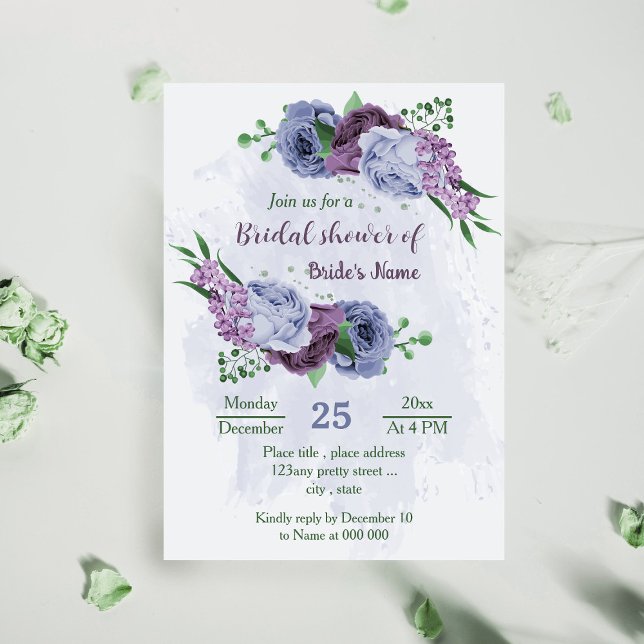 Purple dusty blue flowers greenery bridal shower invitation (Creator Uploaded)