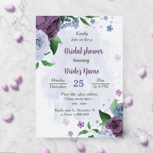 Purple dusty blue flowers greenery bridal shower invitation