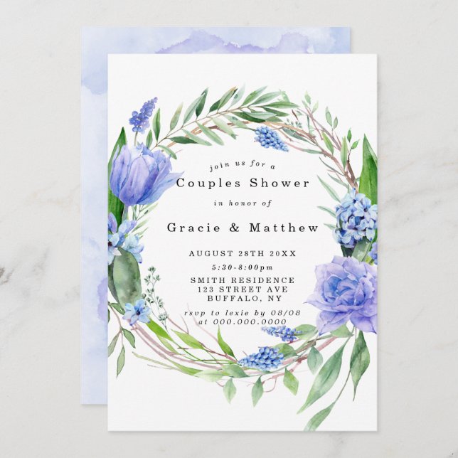 Purple Dusty Blue Hyacinth Couples Shower Invites (Front/Back)