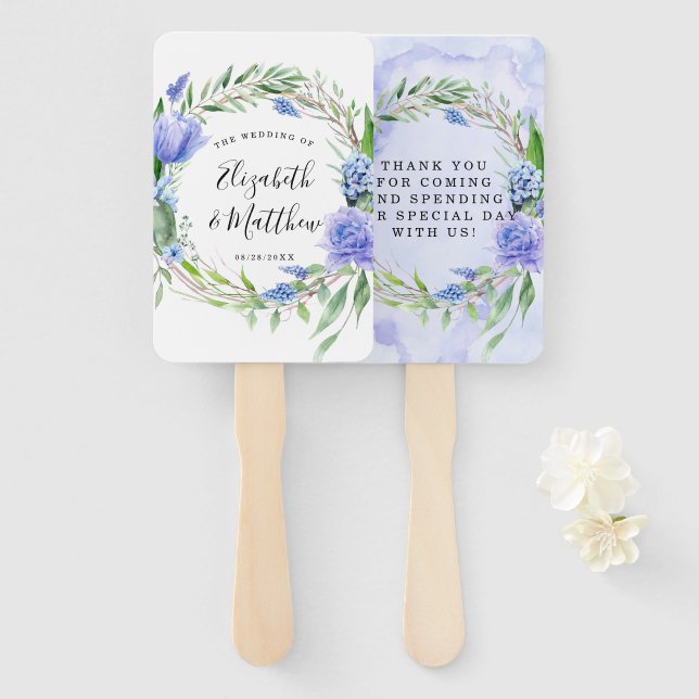 Purple Dusty Blue Tulip Hyacinth Peony Wedding Hand Fan (Front and Back)