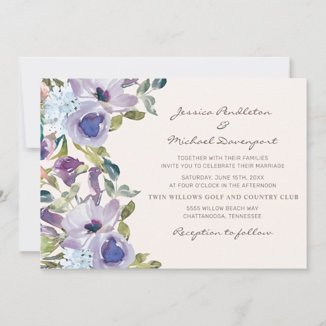 Purple Dusty Blue Watercolor Floral Wedding Invitation (Front)
