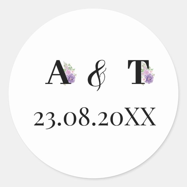 Purple Dusty Rose Floral Monogram Wedding Classic Round Sticker (Front)