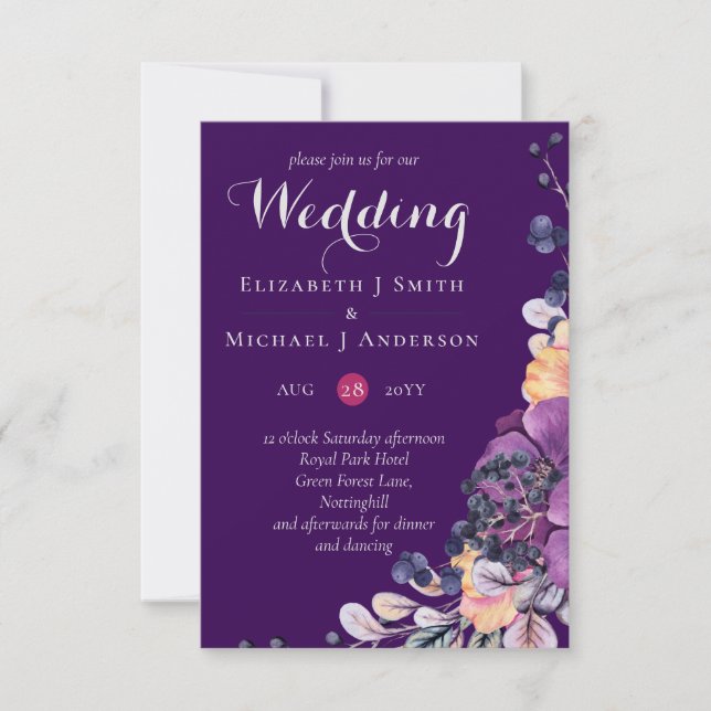 Purple Dynasty Dark Floral Budget Wedding Invites (Front)