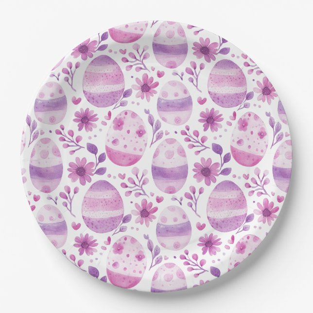 Purple Easter Egg and Flowers Pattern Paper Plate (Front)