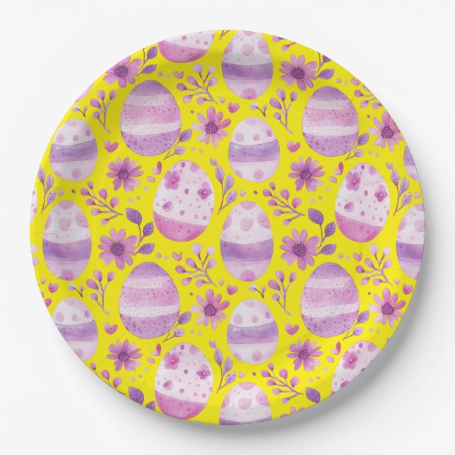 Purple Easter Egg and Flowers Pattern Yellow Paper Plate (Front)