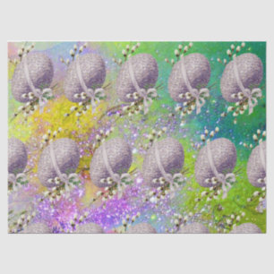 PURPLE EASTER EGG,WHITE BLOSSOMS,YELLOW SPARKLES TISSUE PAPER