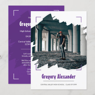 Purple Edgy Abstract Brushstroke Photo Graduation Invitation