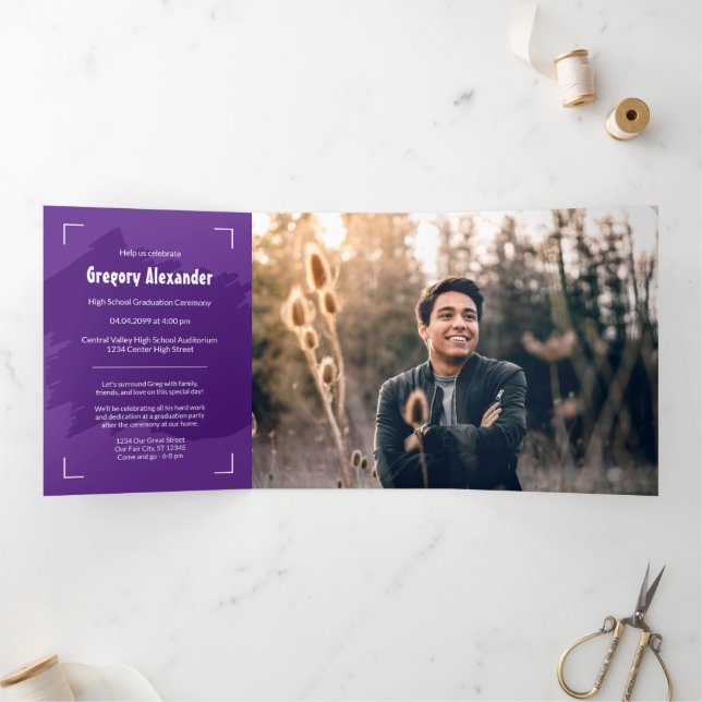 Purple Edgy Abstract Brushstroke Photo Graduation Tri-Fold Invitation (Inside)