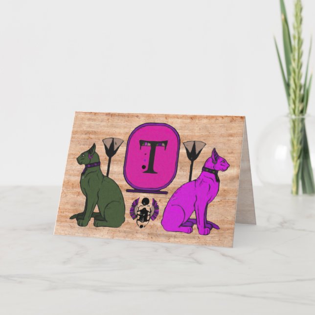 Purple Egyptian Cat Monogram Greeting Card: T Note Card (Front)