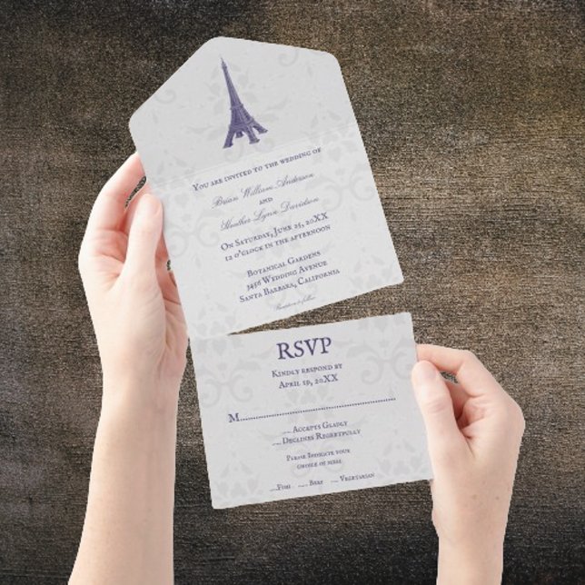 Purple Eiffel Tower Damask All in One Wedding Invitation (Purple Eiffel Tower Damask All in One Wedding Invite)
