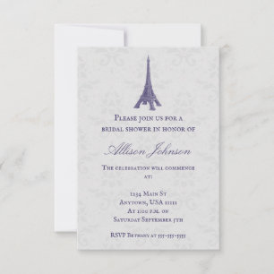 Purple Eiffel Tower Damask Bridal Shower Invitation