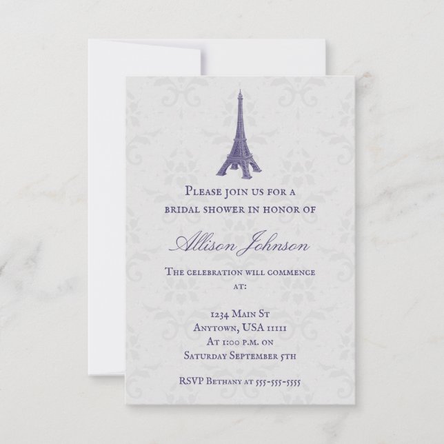Purple Eiffel Tower Damask Bridal Shower Invitation (Front)