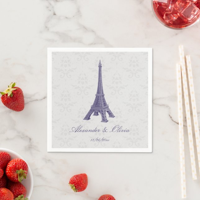 Purple Eiffel Tower Damask Bridal Shower Napkins (Insitu)