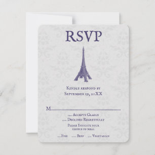 Purple Eiffel Tower Damask Wedding RSVP Card