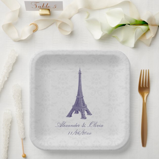 Purple Eiffel Tower Damask Wedding Shower Paper Plate (Wedding)