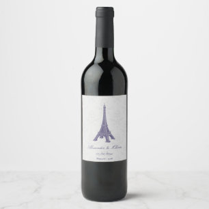 Purple Eiffel Tower Damask Wedding Wine Label