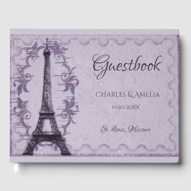 Purple Eiffel Tower Wedding Day Guestbook (Front)