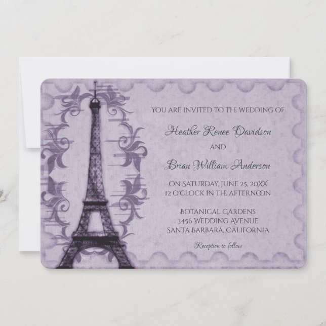 Purple Eiffel Tower Wedding Invitation (Front)