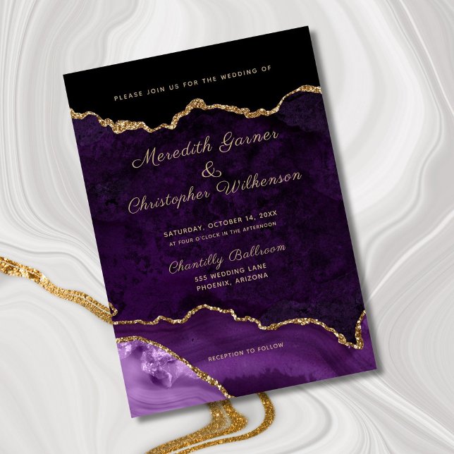 Purple Elegance Gold Glitter Agate Wedding Invitation (Creator Uploaded)