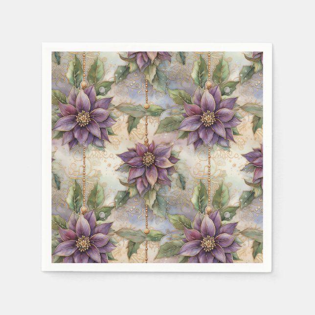 Purple Elegance Luxe Poinsettia & Holly Christmas Napkin (Front)
