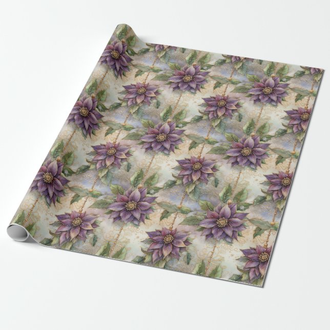 Purple Elegance Luxe Poinsettia & Holly Christmas Wrapping Paper (Unrolled)