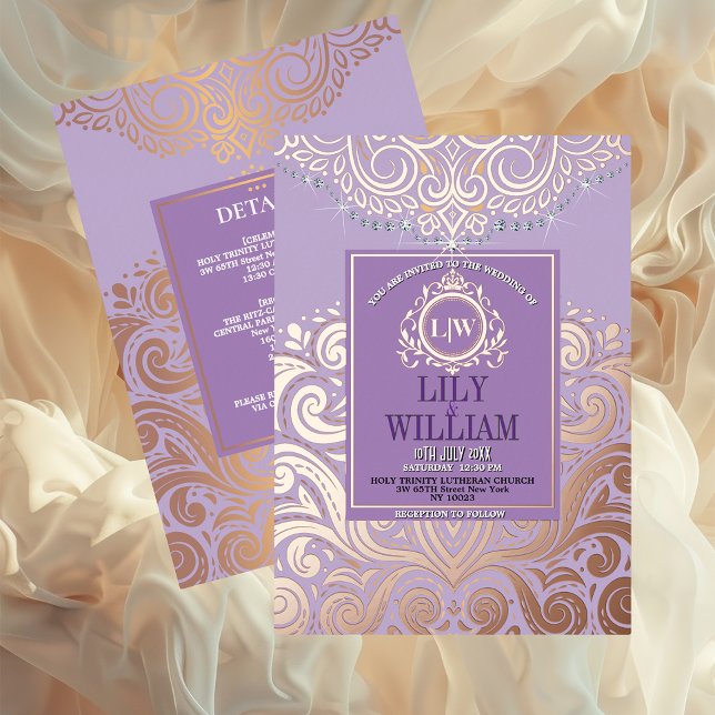 Purple Elegant Artdeco Diamond Monogram Wedding (Luxurious Elegant Classic Boho Wedding Invitation - Real Foil and Monogram)