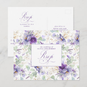 Purple Elegant Botanical Wedding RSVP Postcard