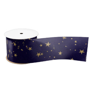 Purple Elegant Celestial Starry Gold Stars Design Satin Ribbon