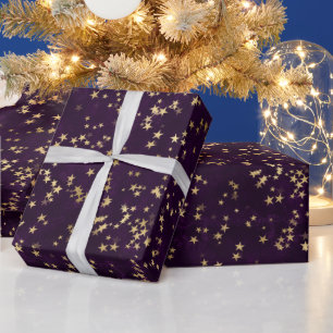 Purple Elegant Celestial Starry Gold Stars Design Wrapping Paper