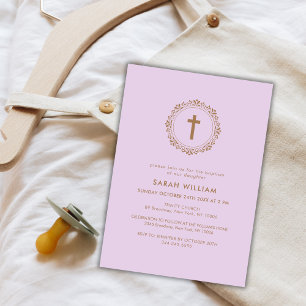 Purple Elegant Classic Cross Wreath Baptism  Invitation