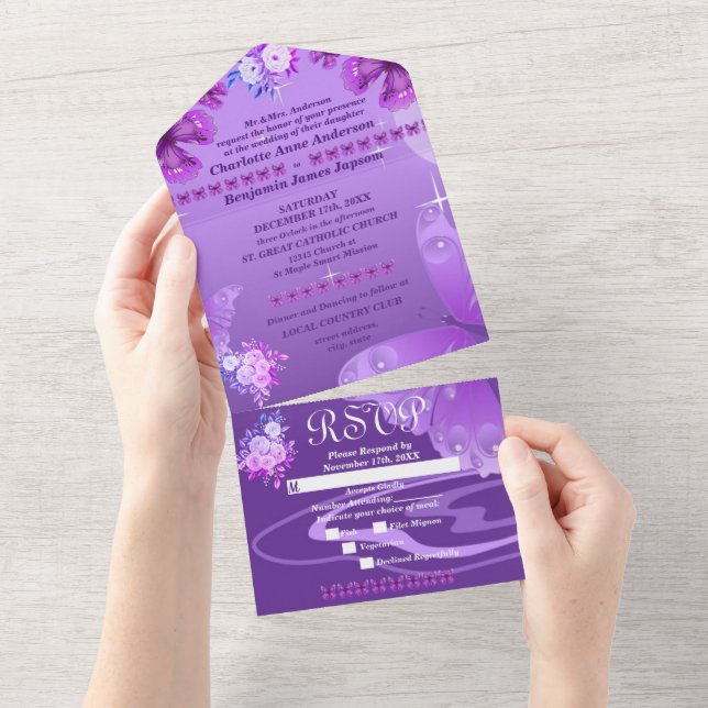 Purple Elegant Floral & Butterflies  All In One Invitation (Tearaway)