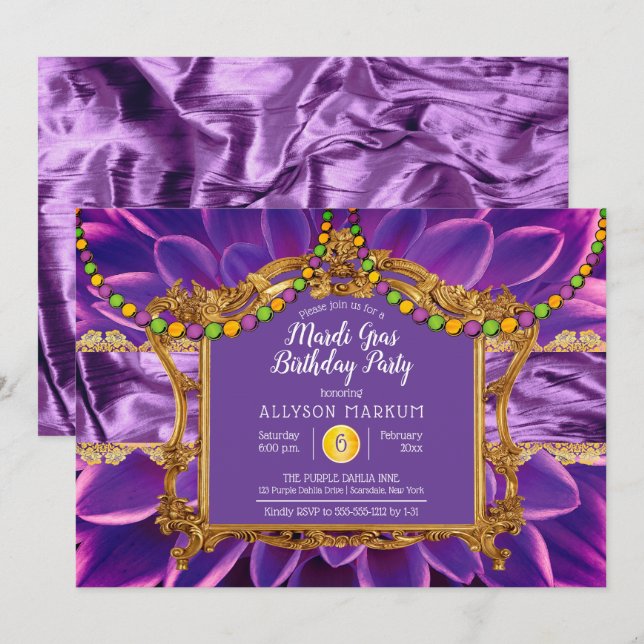 Purple Elegant Floral Mardi Gras Birthday Party Invitation (Front/Back)