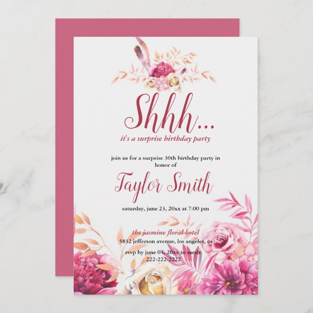 Purple elegant Floral Surprise Party Invite (Front/Back)