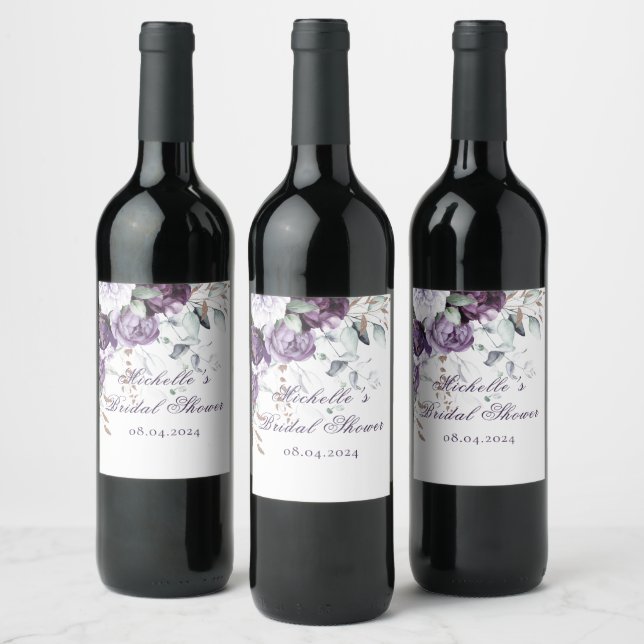 Purple Elegant Floral Watercolor Bridal Shower Wine Label (Bottles)