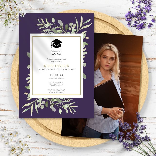 Purple Elegant Greenery Photo Graduation Party Invitation (Purple Elegant Greenery Photo Graduation Party Invitation)