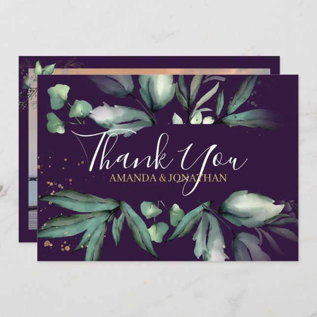 Purple Elegant Greenery Photo Wedding  Thank You Card (Front/Back)