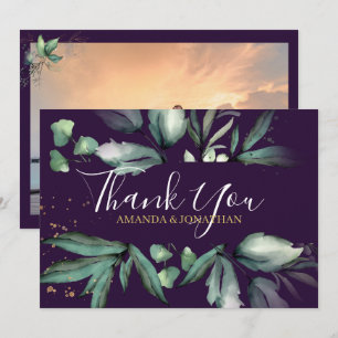 Purple Elegant Greenery Photo Wedding Thank You Card