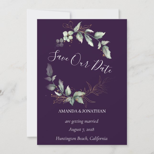 Purple Elegant Greenery Wedding Save the Date Card (Front)