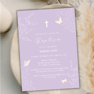Purple Elegant Leaves Butterfly Cross Baptism Invitation
