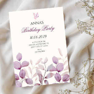 Purple elegant minimalist leaves  invitation