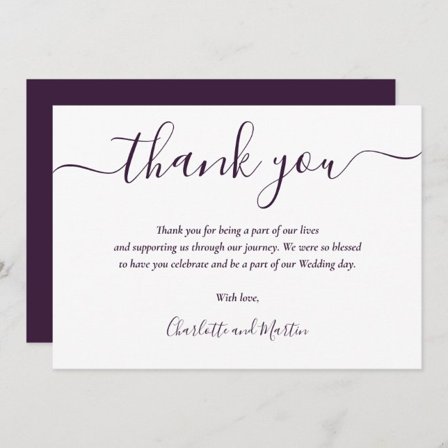 Purple Elegant Modern Script Thank You Card (Front/Back)