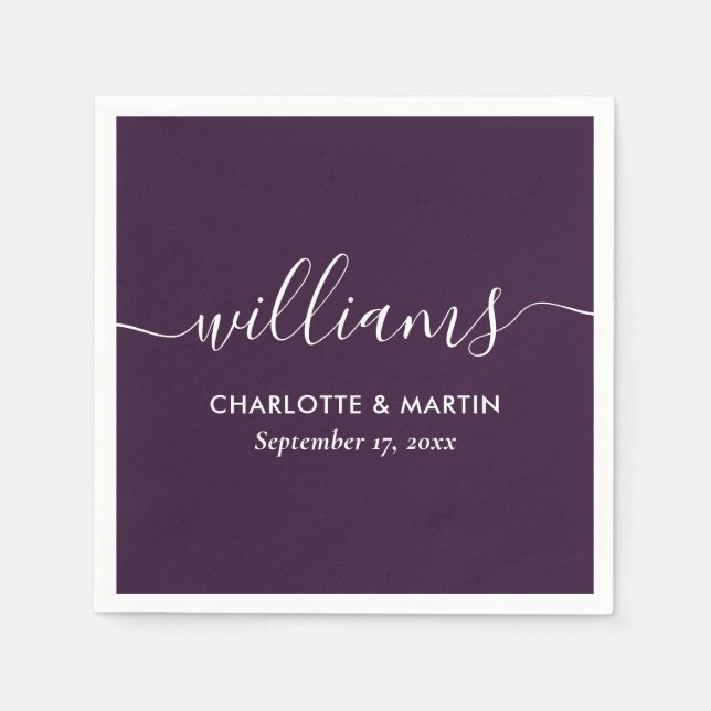 Purple Elegant Modern Script Wedding Napkin (Front)