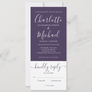 Purple Elegant Script All In One Photo Wedding Invitation